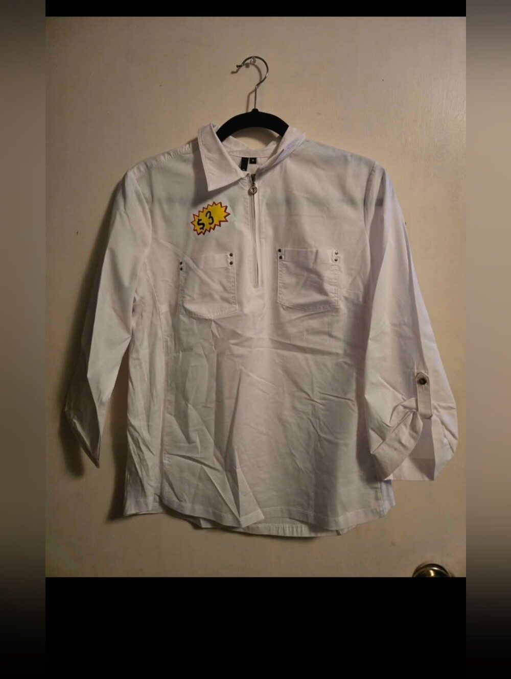 White Quarter-Zip Shirt with Buttoned Sleeves